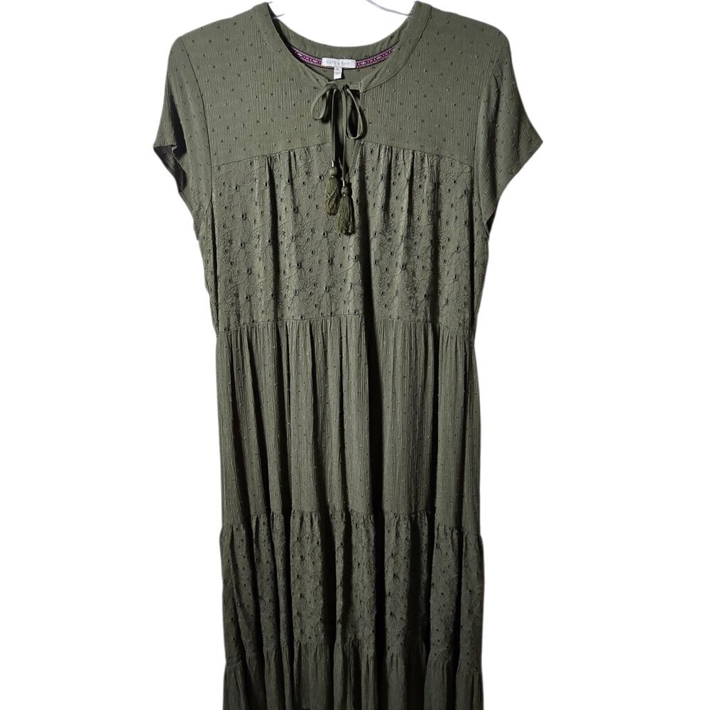 Olive Green Cottagecore Midi Dress XL Tiered Eyelet Tassel Tie Boho Flowy Dress